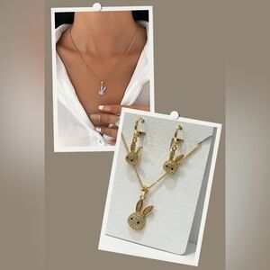 Elegant Gold and Bunny Pendant Necklace and Earring Set